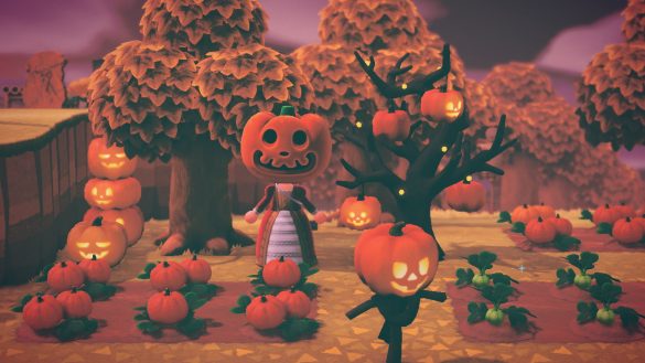 Animal Crossing in game pumpkin patch and character with pumpkin head