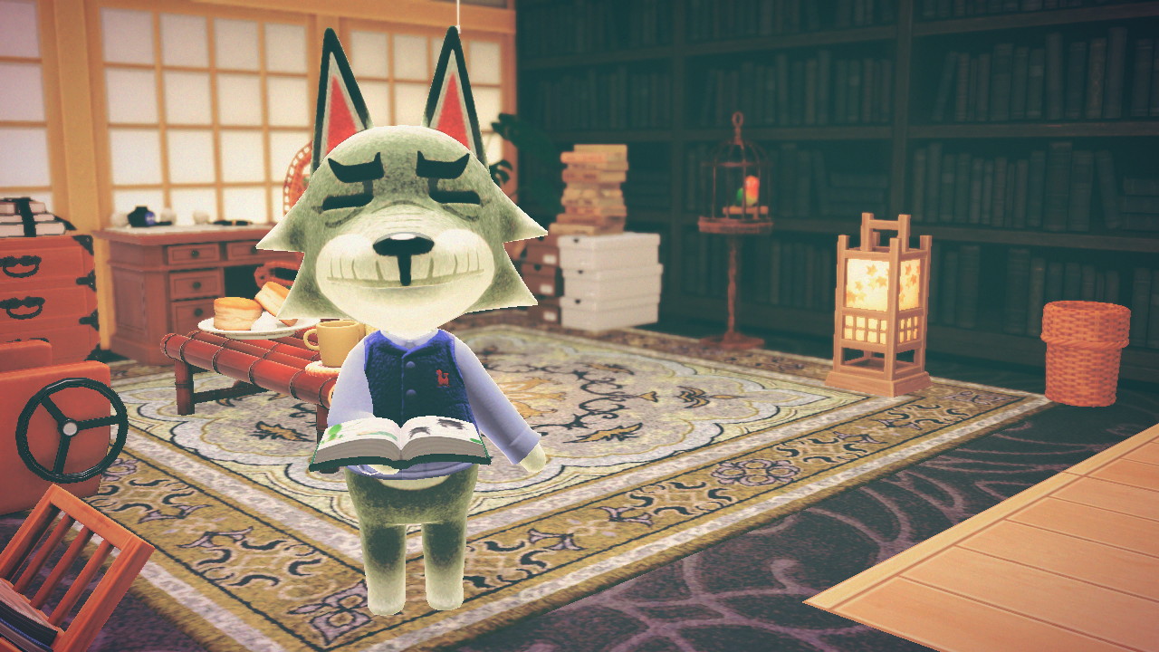 Animal Crossing - in game screenshot of Dobie the wolf in library