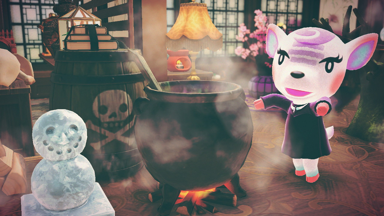 Animal Crossing game screenshot of Diana the deer next to steaming cauldron implying magic