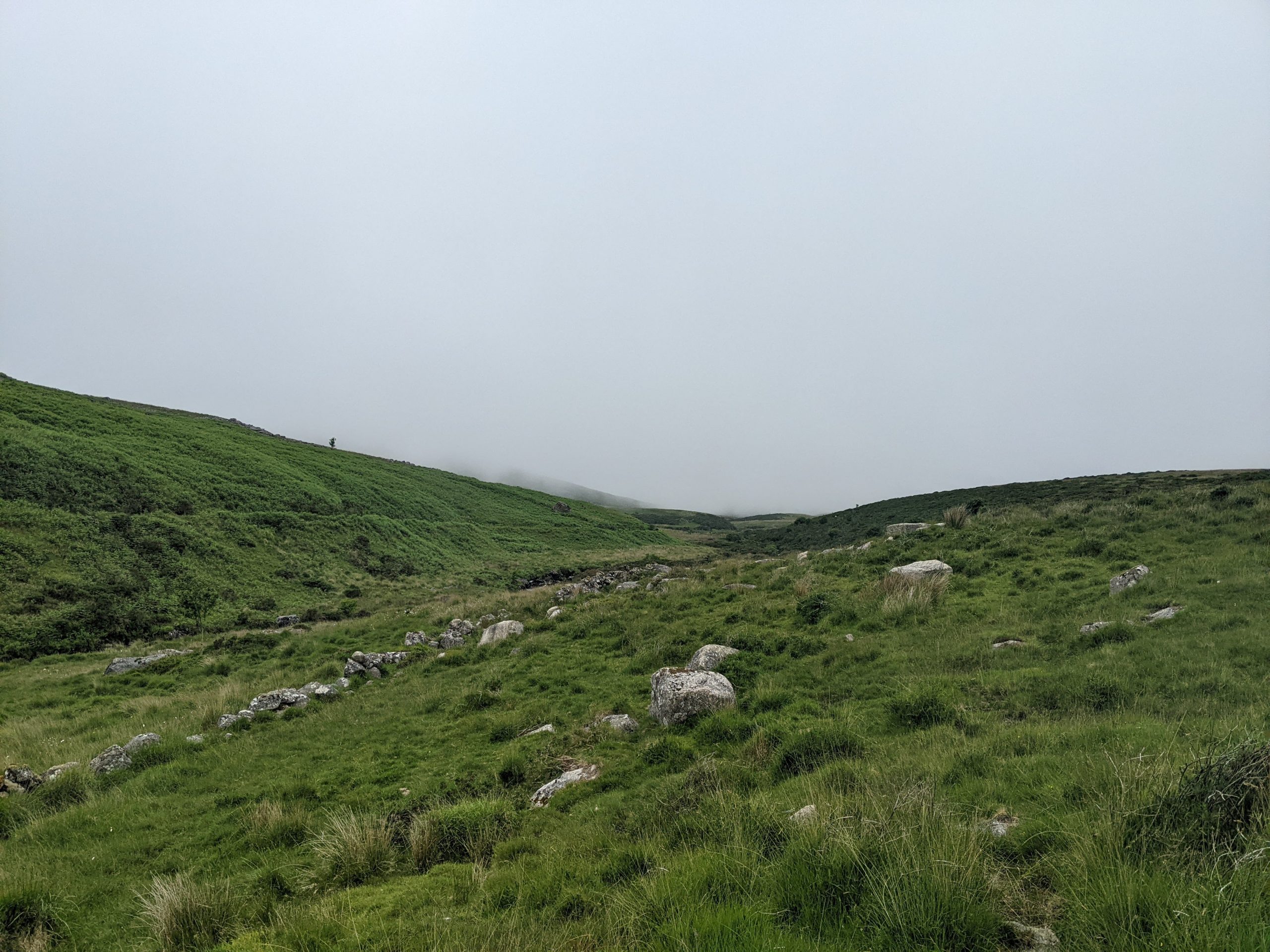 Rocky moorland with fog in distance