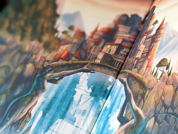 End papers of Godkiller showing an illustration of a city on a bridge, surrounded by mountains.
