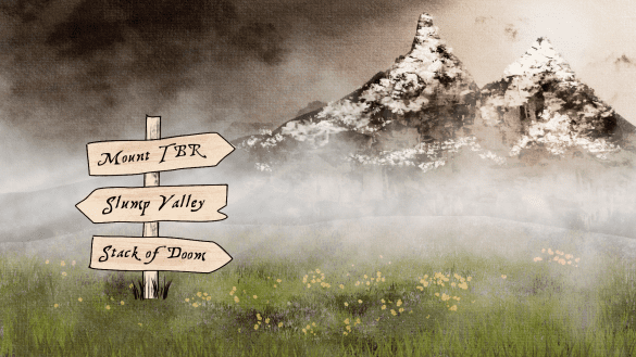 Digital painting of a sign in front of a moody looking mountain range. The sign has three destinations: Mount TBR, Slump Valley, and Stack of Doom.