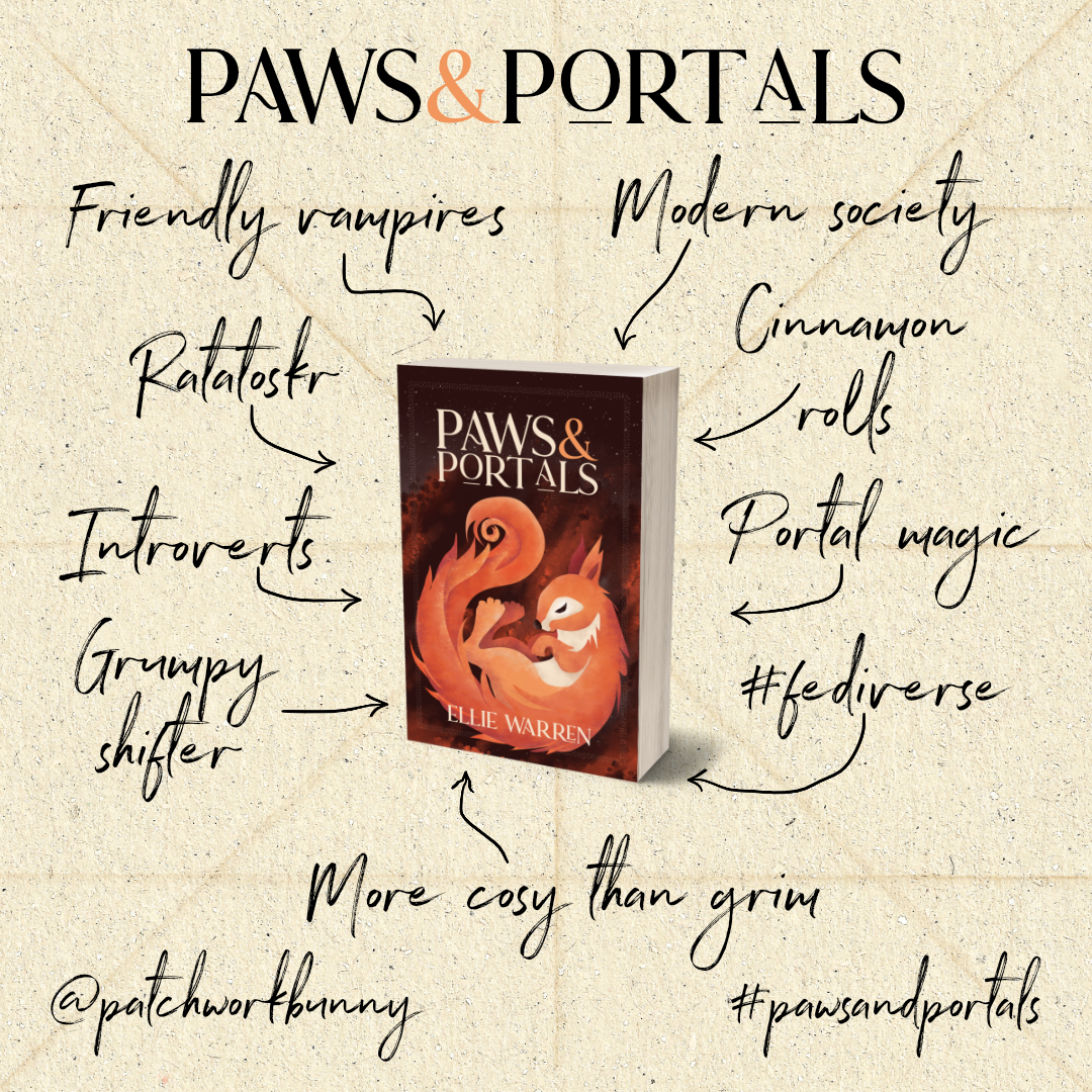 Copy of Paws and Portals surrounded by the following terms: friendly vampires, modern society, Ratatoskr, cinnamon rolls, introverts, portal magic, grumpy shifter, #fediverse, more cosy than grim, @patchworkbunny #PawsAndPortals.